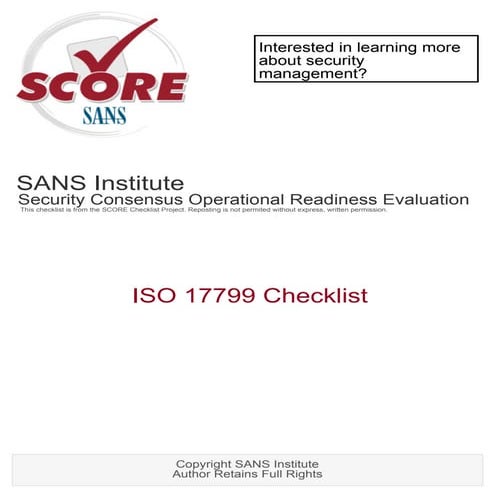 Iso 17799 checklist | PDF