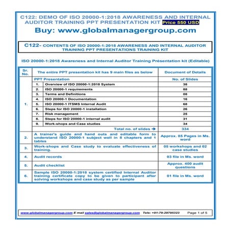 ISO 20000-1:2018 Awareness and Auditor Training PPT Presentation kit for ITSM