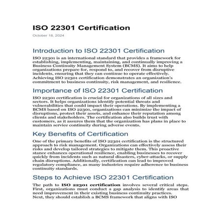ISO 22301 is an international standard for business continuity ...