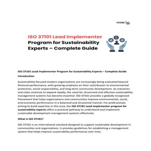 ISO 37101 Lead Implementer Program for Sustainability Experts | PDF
