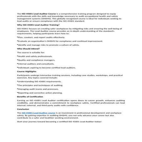 Why Enroll in the ISO 45001 Lead Auditor Course in Singapore?