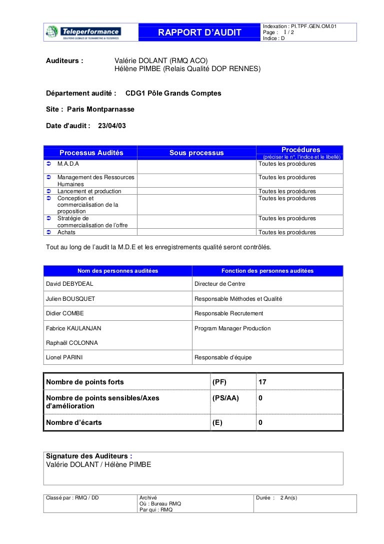 Iso 9001 2000 - exemple d'un rapport d'audit teleperformance Iso 9001 2000 - exemple d'un rapport d'audit teleperformance