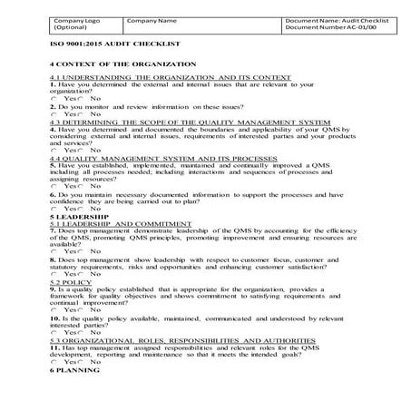 Iso 9001 2015 audit checklist