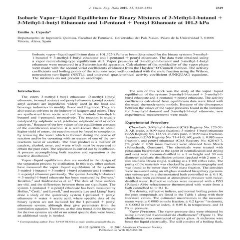 Isobaric vapor liquid equilibrium for binary mixtures of 3 methyl 1 butanol 3...