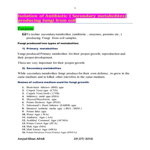 Isolation of fungi from soil sample