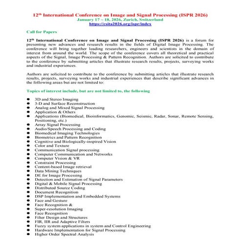 12th International Conference on Image and Signal Processing (ISPR 2026)