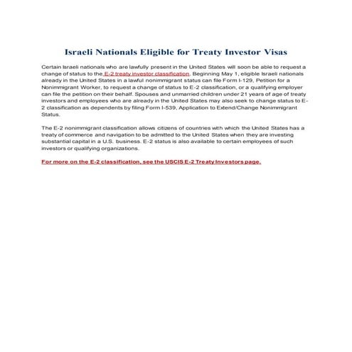 Israeli Nationals Eligible for Treaty Investor Visas