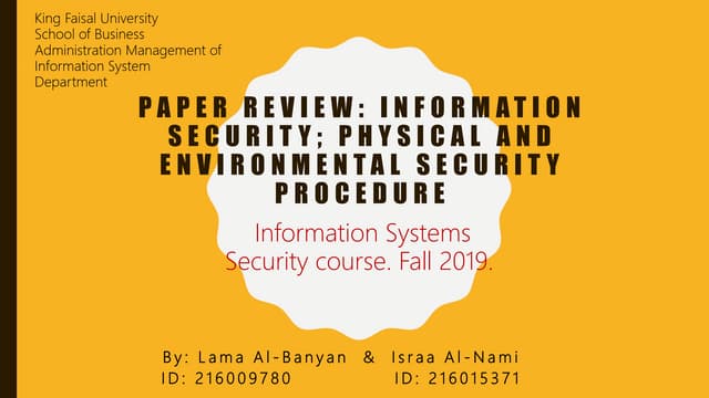 Paper review: Information Security; Physical and Environmental Security Proce...