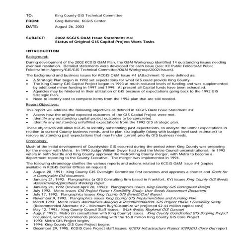 2002 KCGIS O&M Issue Status Report #4: Status of Original GIS Capital Project Work Tasks