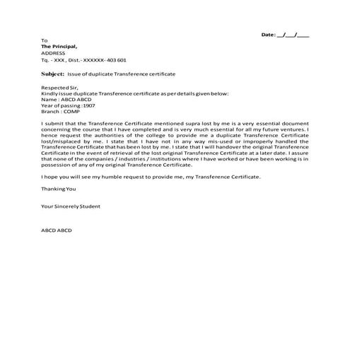 Application to Issue of duplicate transference applicationcertificate