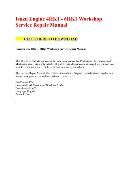 JCB Isuzu Engine 4HK1-6HK1 Service Repair Workshop Manual