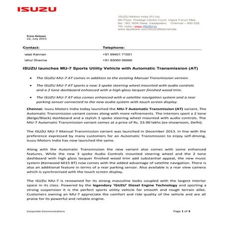 Isuzu MU-7 Automatic press release