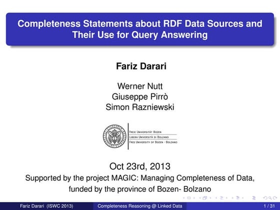 [ISWC 2013] Completeness statements about RDF data sources and their use for ...