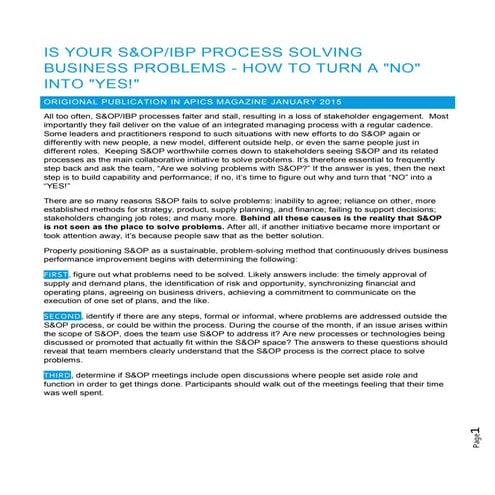 Is Your S&OP / IBP Process Solving Business Problems