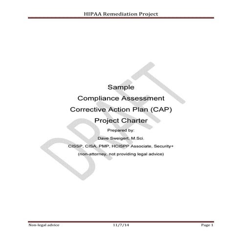 SAMPLE HIPAA Security Rule Corrective Action Plan Project Charter