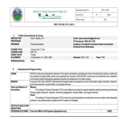 Living in the IT-ERA-Syllabus from MVGFCI