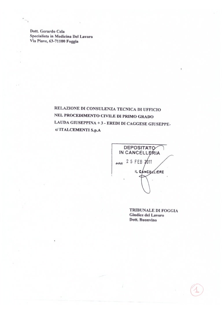 Italcementi Perizia Cela Gerardo Caggese 57 Anni Neoplasia