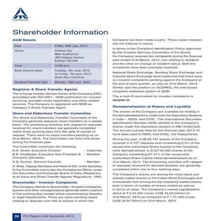 Itc Annual Report 2014 Shareholder Information Amrapali Complaints - Itc shareholder-information | PDF