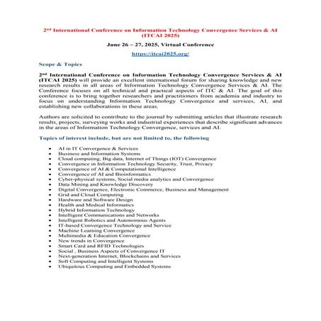 2nd International Conference on Information Technology Convergence Services & AI (ITCAI 2025)