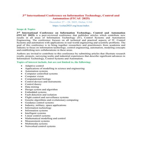 3 rd International Conference on Information Technology, Control and Automation (ITCAU 2025)