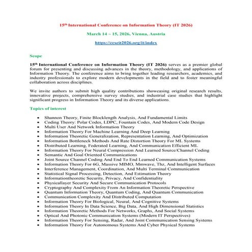 15th International Conference on Information Theory (IT 2026) | PDF