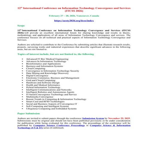 12th International Conference on Information Technology Convergence and Services (ITCSS 2026)