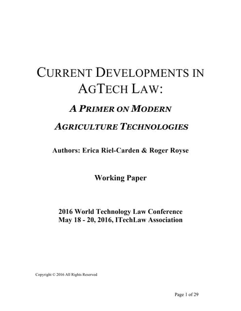 Current Developments in AgTech Law: A Primer on Modern Agriculture Technologies