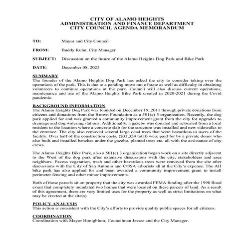 Item # 12 - Alamo Heights Bike Park and Bark Park