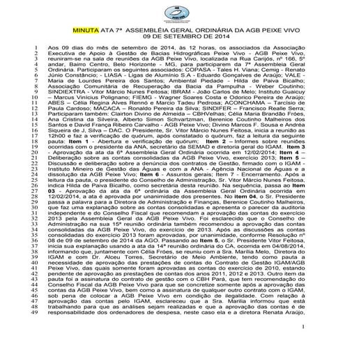 MINUTA ATA 7ª ASSEMBLEIA GERAL ORDINÁRIO DA AGB PEIXE VIVO 09 DE SETEMBRO DE ...