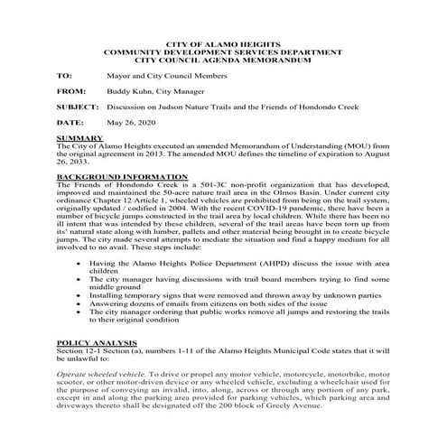 Item # 5 - Judson Nature Trails Staff Report