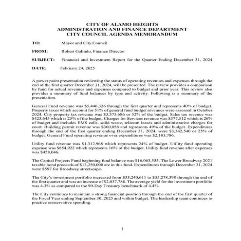 Item # 7 - 1stQtr Financial & Inv. Report