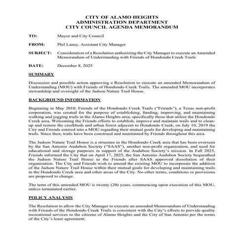 Item # 8 - Amended MOU with Friends of Hondondo Creek Trails