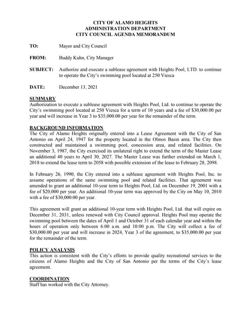 Item # 7 - Swimming Pool Sublease Agreement | PDF
