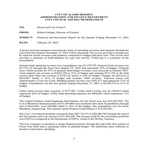 Item # 9  1st Qtr Financial Report FY22