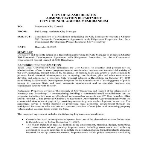 Item # 9 - Chpt. ED 380 Agreement with Ridgemont Properties, Inc.