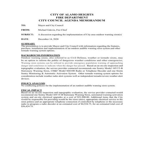 Item # 9 - Citywide Emergency Tornado Warning Siren | PDF