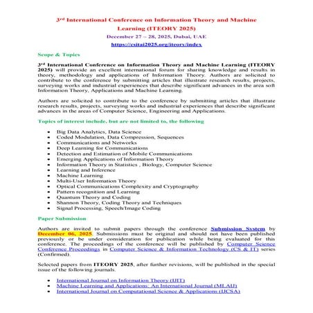 3rd International Conference on Information Theory and Machine Learning (ITEO...