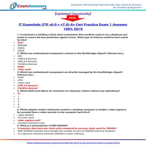 It Essentials (Version 7.0) A+ Cert Practice Exam 1 Answers