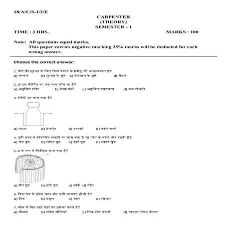 ITI Carpenter Question Paper in Hindi Theory