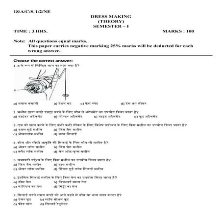 ITI Dress Making Question Paper in Hindi