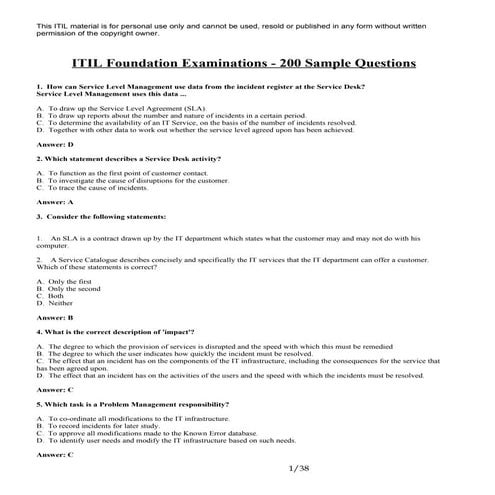 ITIL Foundation V2 200 Sample Questions