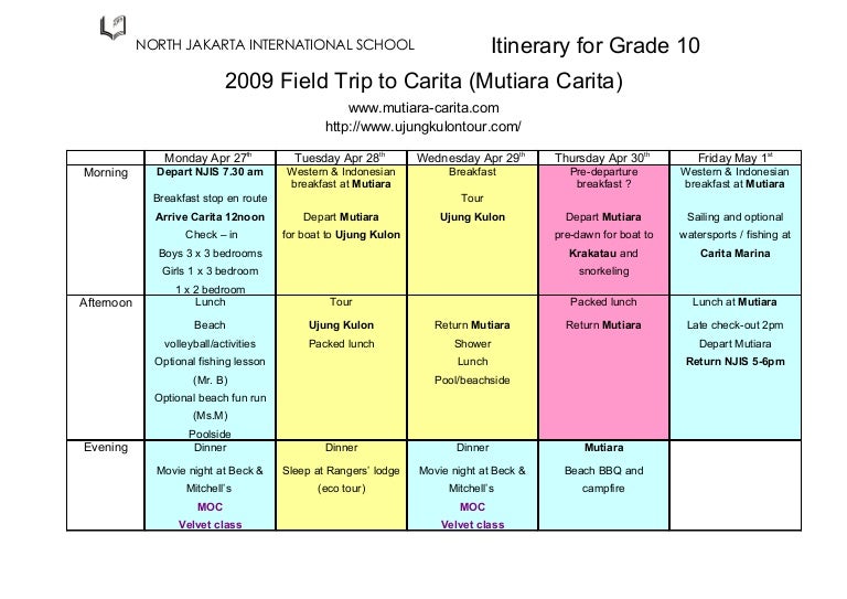 Class Trip Itinerary