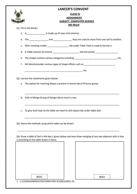 MS word worksheet for class 4th 