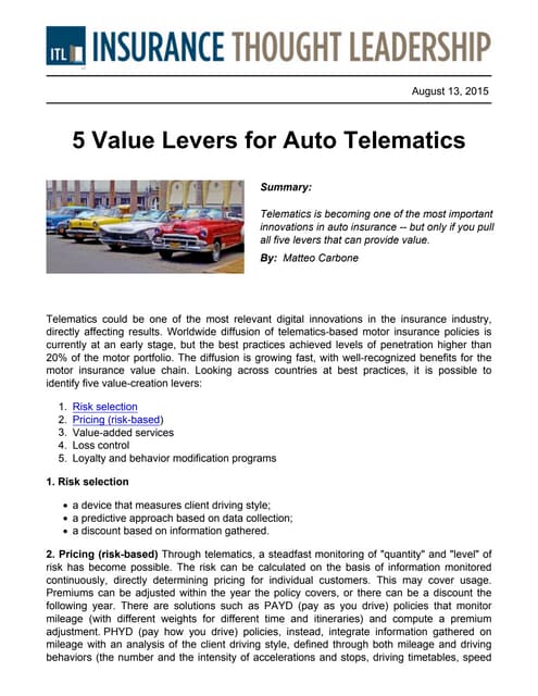 ITL insurtech 5 value levers for auto telematics