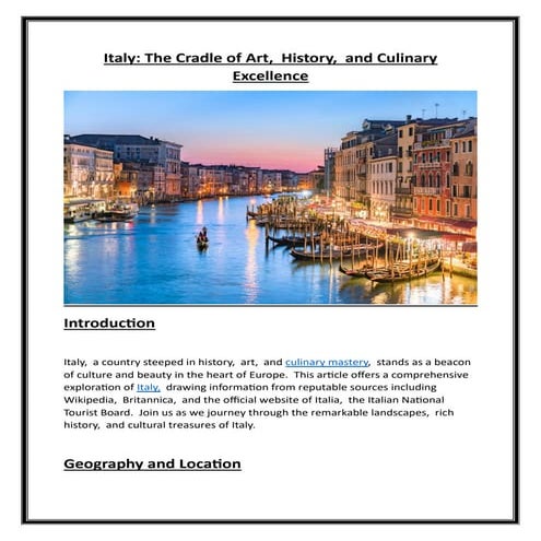 Exploring Italy: Culture, History, Landmarks, and Cuisine | PPTX