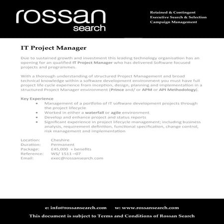 It Project Manager - opportunity based in Cheshire
