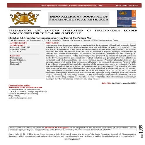 PREPARATION AND IN-VITRO EVALUATION OF ITRACONAZOLE LOADED  NANOSPONGES FOR TOPICAL DRUG DELIVERY