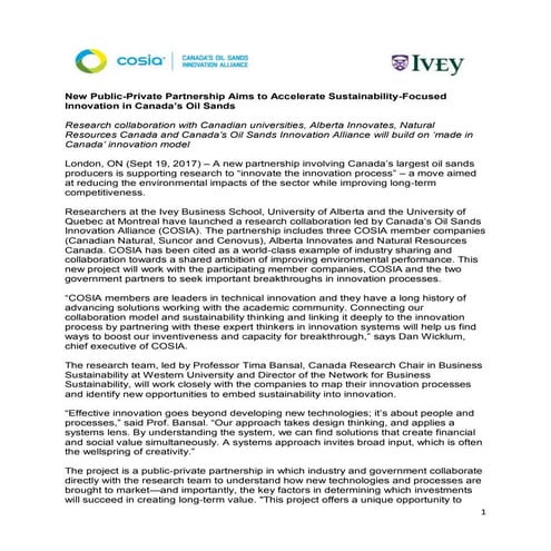 New Public-Private Partnership Aims to Accelerate Sustainability-Focused Innovation in Canada’s Oil Sands