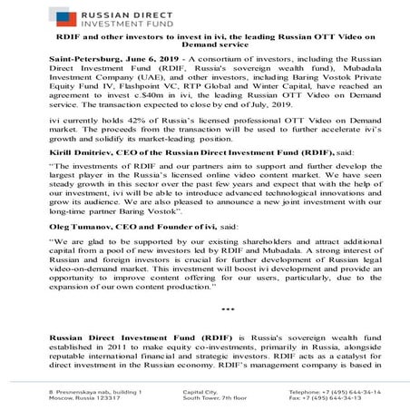 RDIF and other investors to invest in ivi, the leading Russian OTT Video on Demand service