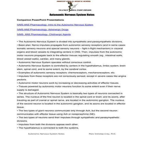 IVMS Autonomic Nervous System Notes